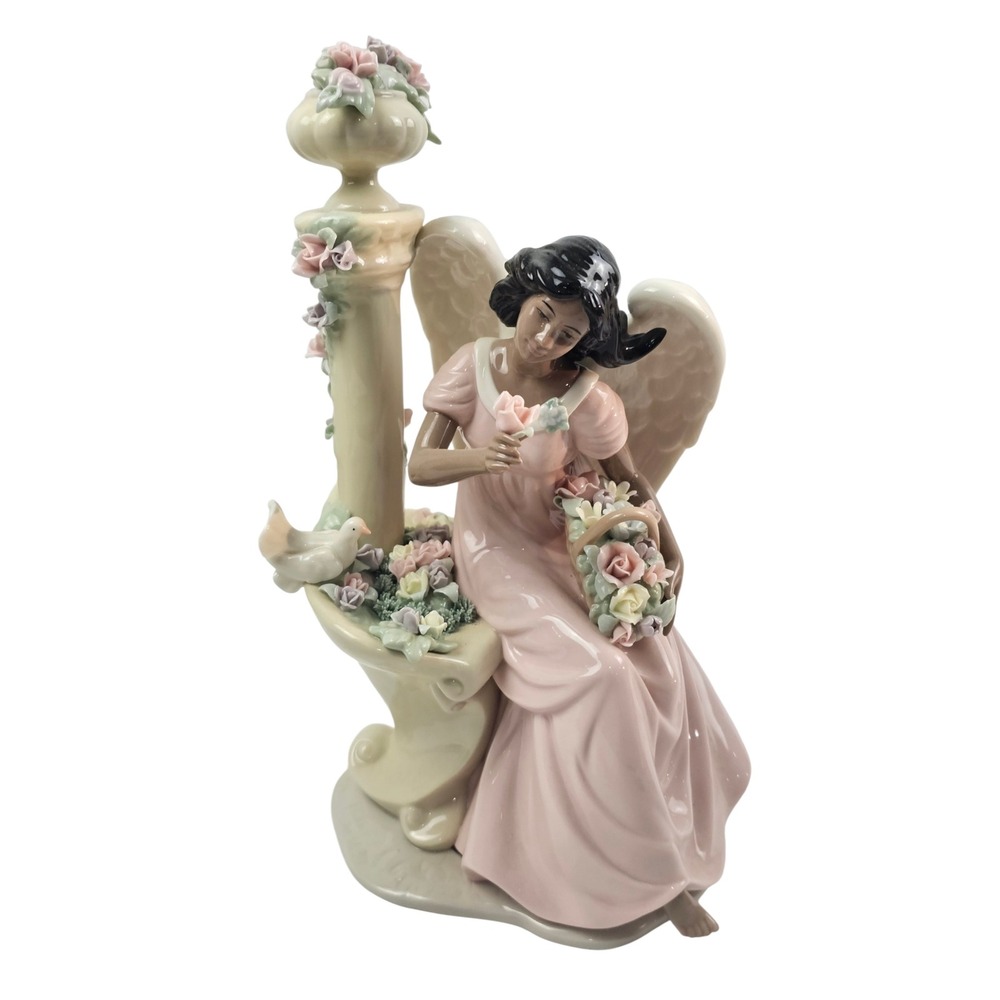 Black Angel Porcelain Figurine Pink Dress Garden Fountain Flowers Hand Painted